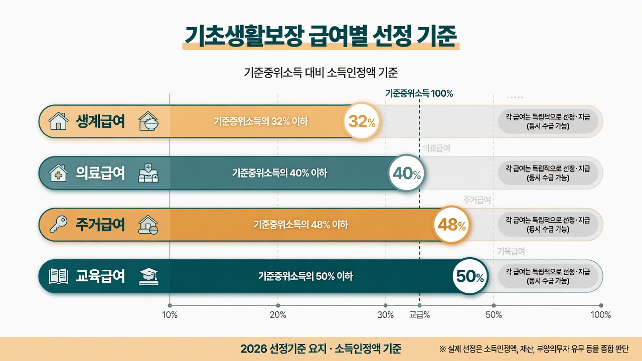 기초생활보장 급여별 선정 기준: 생계 32%, 의료 40%, 주거 48%, 교육 50%