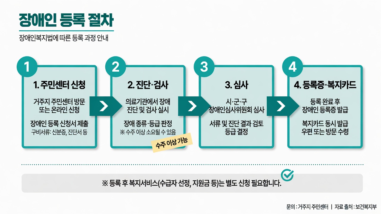 장애인 등록: 주민센터 신청 → 진단·검사 → 심사 → 등록증·복지카드