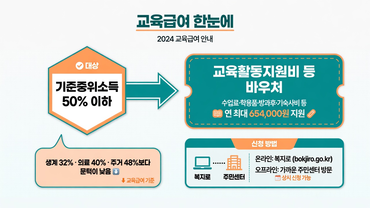 교육급여: 기준중위소득 50% 이하, 바우처 형태, 복지로·주민센터 신청