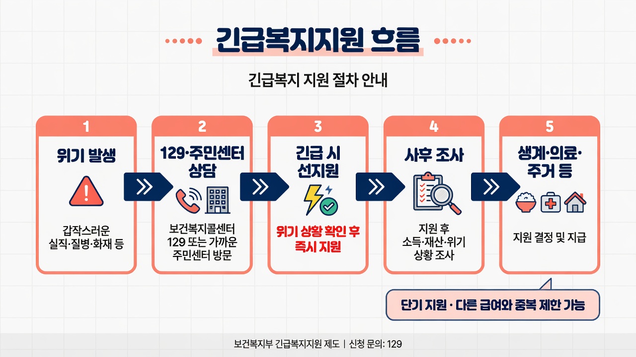 긴급복지 흐름: 위기 → 129·주민센터 → 선지원 → 사후 조사