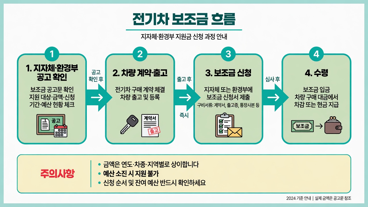 전기차 보조금: 공고 확인 → 계약 → 신청 → 수령, 지역·예산 주의
