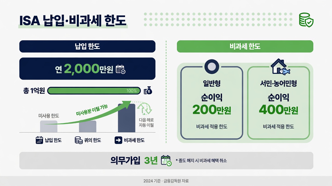 ISA 납입·비과세 한도: 연 2,000만·총 1억, 일반형 200만·서민형 400만, 의무 3년