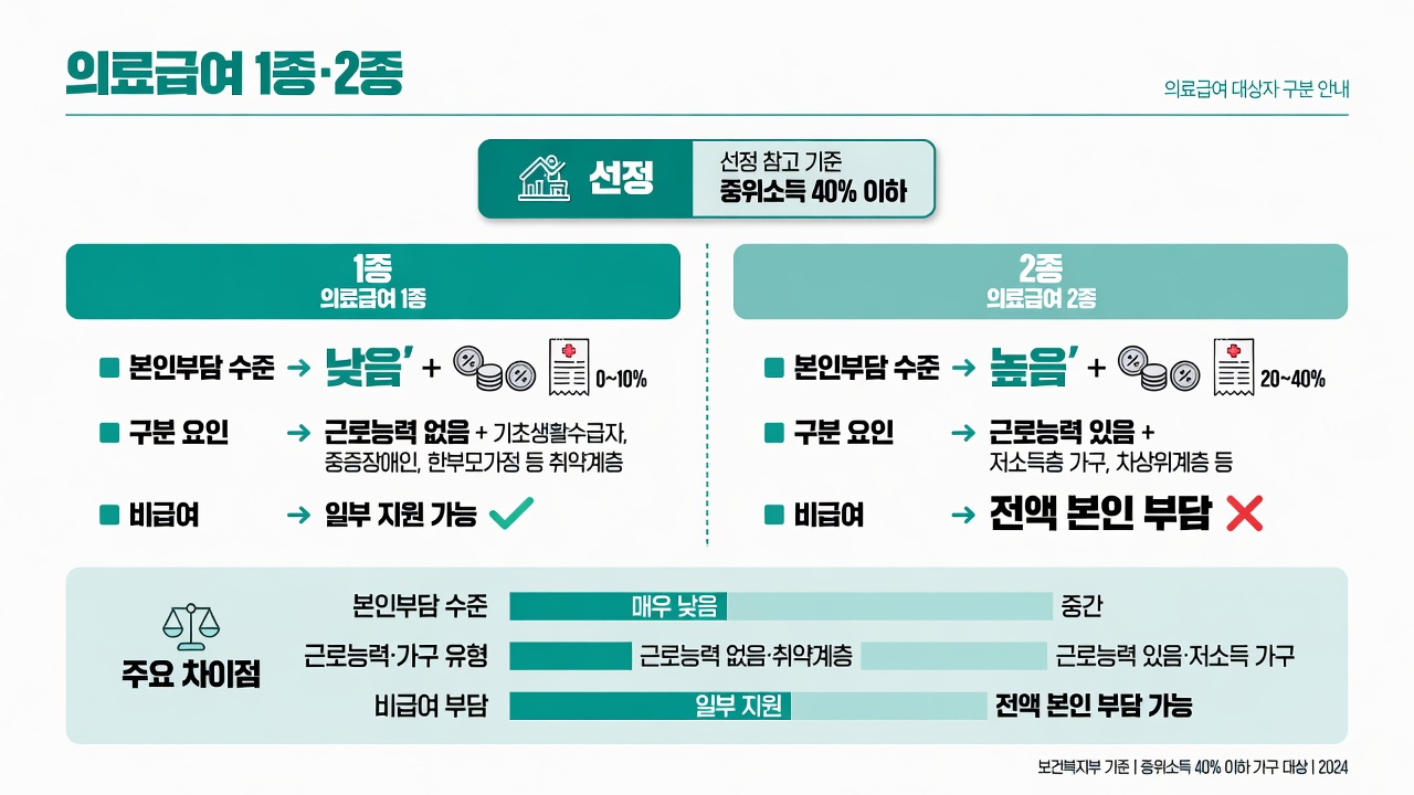 의료급여 1종·2종: 중위 40% 선정 참고, 본인부담·근로능력 등으로 구분