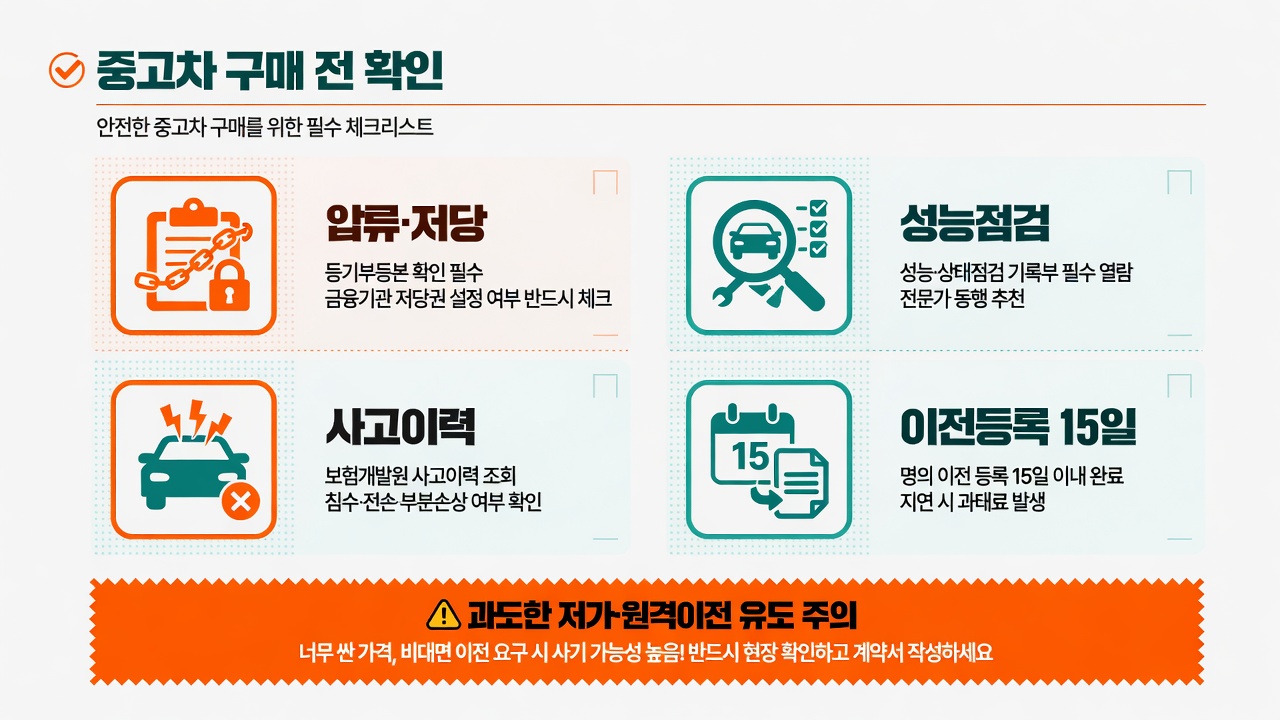 중고차 구매 전: 압류·저당, 성능점검, 사고이력, 이전 15일